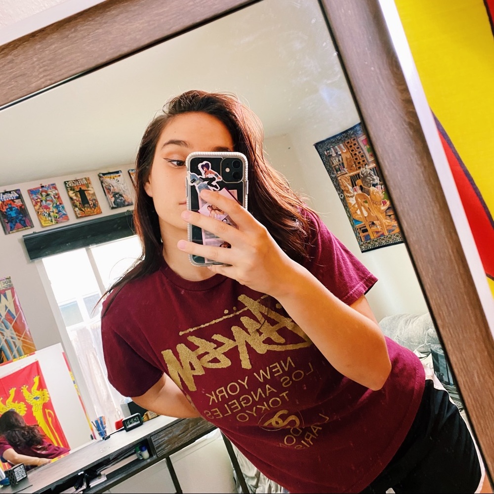 Maroon and Gold Stüssy T- Shirt